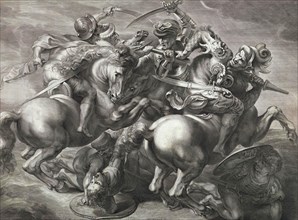 Four soldiers are in a cavalry fight while three others are fighting on the ground. After Leonardo's fresco