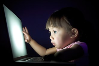 A two-year-old Asian girl touches a brightly lit display of a notebook in fascination