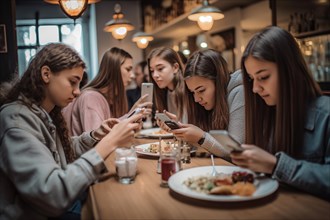 Five young girls in a restaurant busily engaged with their mobile phones