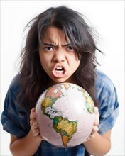 A dark-haired girl screams angrily and holds a globe in her hands