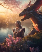 A young blonde woman in the soft light of the evening sun with a dragon