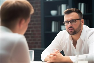 A young man with glasses in a white shirt talking to a customer in an office