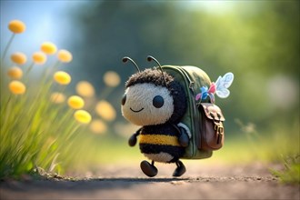 A cute honey bee with school bag on its way through a summer meadow