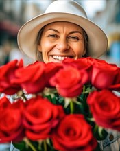 A woman in a white hat holds a bouquet of red roses