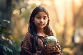A young Indian girl gently holds a globe in her hands