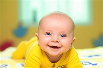A laughing baby in a yellow romper suit