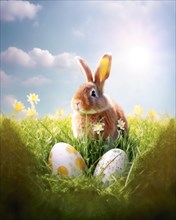 A cute Easter bunny in front of colourful Easter eggs in a green spring meadow under a blue sky