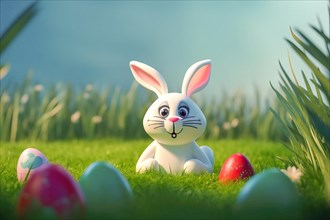 A cute Easter bunny in front of colourful eggs in a green spring meadow under a blue sky