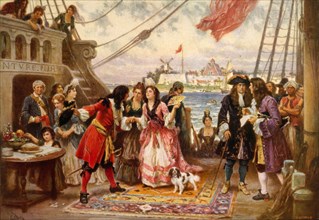 Captain Kidd in New York Harbour. Captain Pirate William Kidd welcomes a young woman aboard his ship
