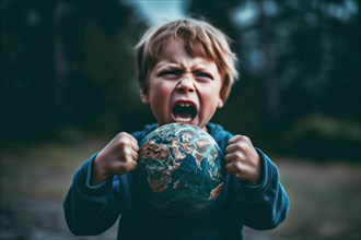 A very angry young boy screaming holds a globe with his clenched fists