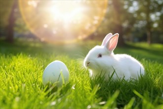 A cute Easter bunny in front of a white egg in a green spring meadow