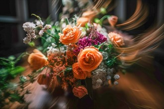 Dynamic throwing of a bridal bouquet at the wedding