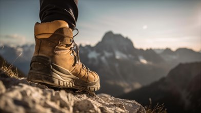 One foot in a mountaineering boot in alpine terrain on rock