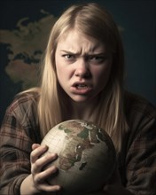 A 13 year old blonde girl with a desperately angry look holds a globe in her hand