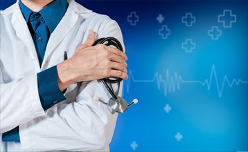 Unrecognizable doctor with stethoscope on isolated background. Doctor arms with stethoscope isolated background