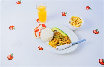 Traditional breakfast with orange juice served on the table. Top view of a traditional breakfast served on the table