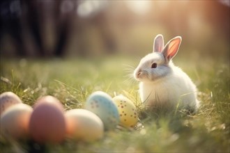 A cute Easter bunny in front of colourful Easter eggs in a green spring meadow