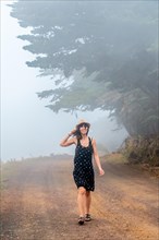 Tourist woman with hat walking through the foggy path towards the juniper forest in El Hierro. Canary Islands