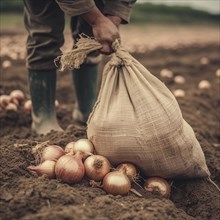 Old sack with onions in natural and rustic environment