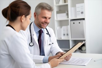 A doctor in a white coat with a stethoscope talking to a patient