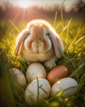 A cute Easter bunny in front of Easter eggs in a green spring meadow
