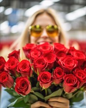 A young woman with large yellow sunglasses holds a bouquet of red roses