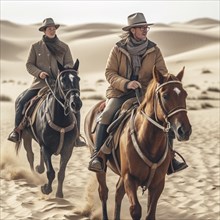 Two riders in natural surroundings riding through sand dunes