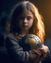 A 6-year-old blond girl with a determined look holds a globe protectively in her arms