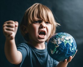 A very angry young boy holds a globe screaming and shows his clenched fist