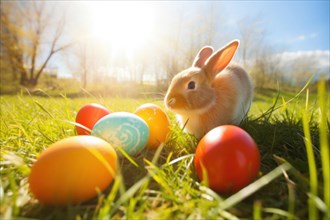 A cute Easter bunny in front of colourful Easter eggs in a green spring meadow under a blue sky
