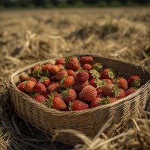 Raffia basket with fresh strawberries in a natural environment in a field