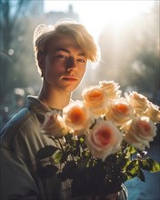 A young man with a bouquet of flowers