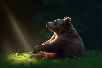 A brown bear sits in a meadow