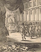 Slave girls dancing naked and playing music in front of being executed
