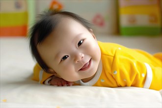 A laughing Asian baby in a yellow romper suit