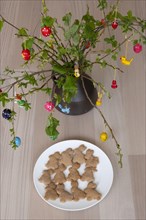 Plate of homemade Easter bunny biscuits in front of a shrub with Easter decorations