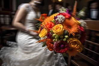 Dynamic throwing of a bridal bouquet at the wedding