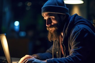 Man with long full beard and woollen cap works at the laptop at night