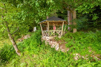 Man standing in wooden pavilion on the hiking trail Sprollenhaeuser Hut
