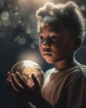 A young African girl gently holds a globe in her hands