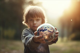 A four-year-old boy holds a globe in his outstretched arms