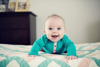 A laughing baby in a green romper suit
