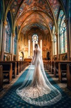 A bride with long white veil in a church