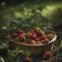 Raffia basket with fresh strawberries in a natural environment in a field