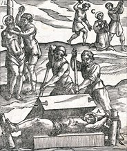 Various methods of torture. One victim lies in Lissa's iron coffin while others are tied to the pillory or stoned in the background