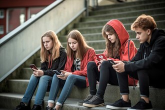 Three girls and a boy boredly occupy themselves on a staircase with their mobile phones