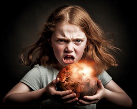 A 9-year-old girl with red hair holds a glowing globe in her hands in rage and screams