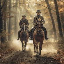 Two riders in natural surroundings ride through autumn forest