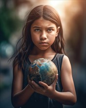 A South American girl with a serious look holds a globe in her hands