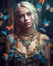 A splendidly dressed young blonde woman in soft light is surrounded by butterflies